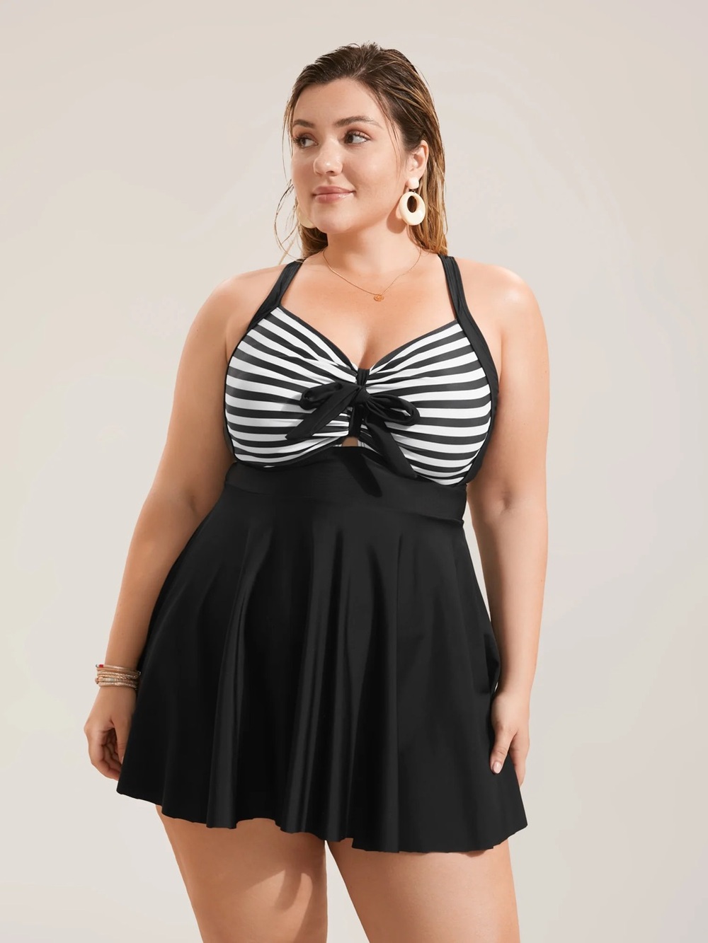 NWT Bloomchic Stripes Patchwork Tie Knot Cross Strap Swim Dress *Top Only* 22-24